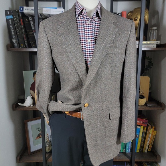 VTG Reed St James Men's Tweed Sport Coat Blazer‎ Two Button Brown Poly Wool 44L - Picture 1 of 16